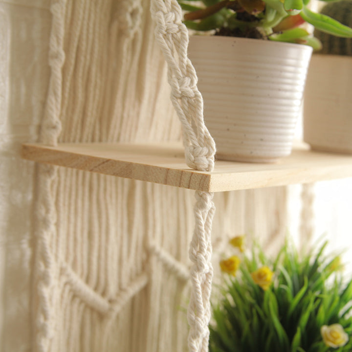 Decorative Wall-Mounted Macrame Shelf with Natural Wooden Accents Bowlift