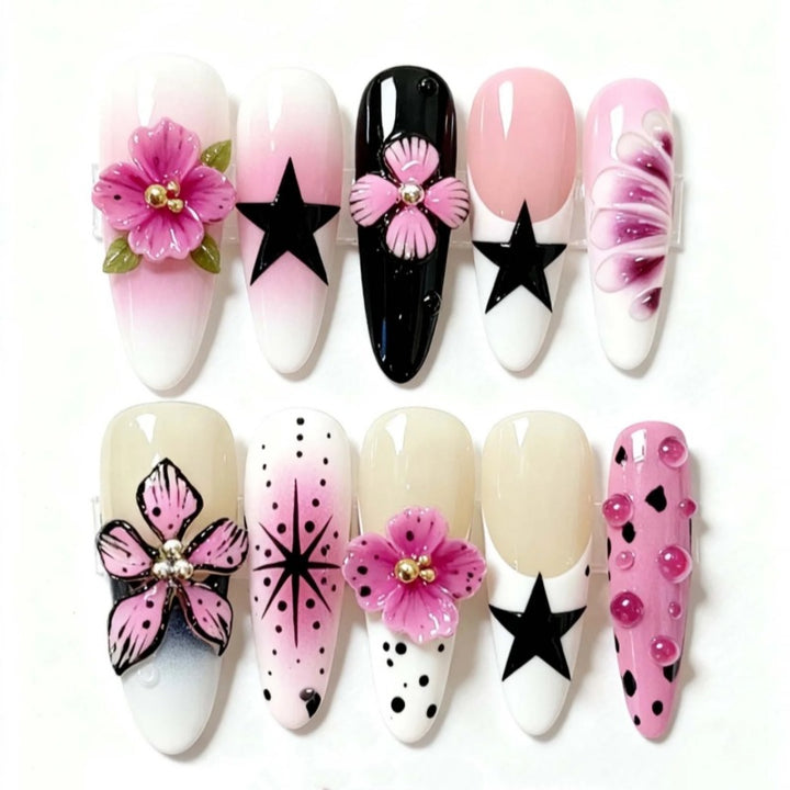 Artistic Floral and Star-Embellished Press-On Nail Set Bowlift