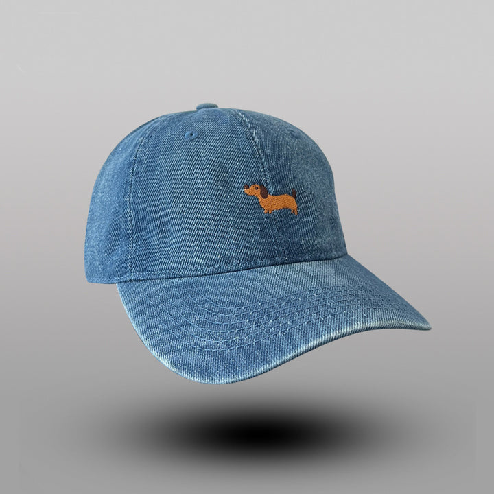 Denim Baseball Cap with Whimsical Dog Embroidery
