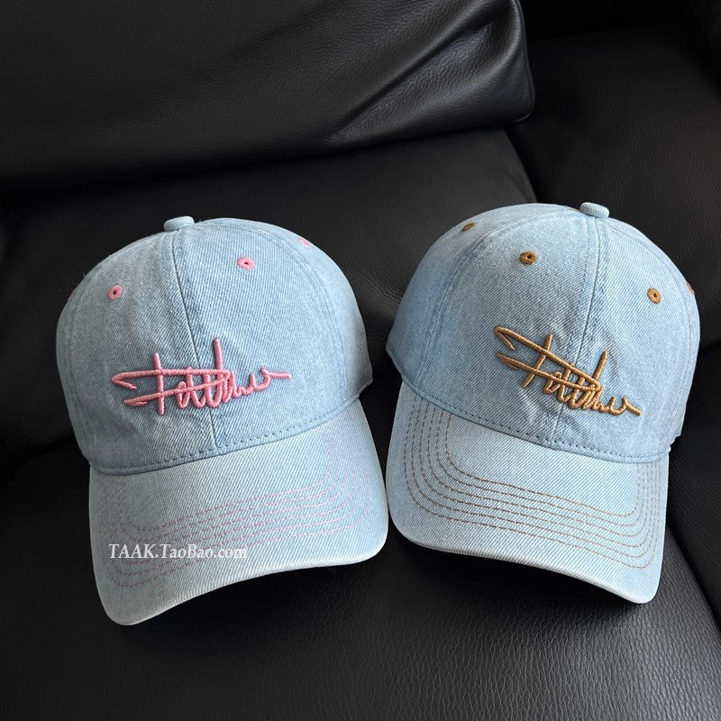 Women's Distressed Denim Embroidered Baseball Cap Bowlift