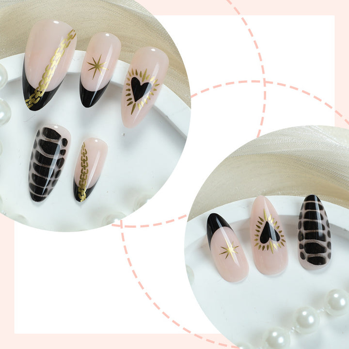 Decorative Press-On Nail Set with Artistic Heart and Star Designs Bowlift