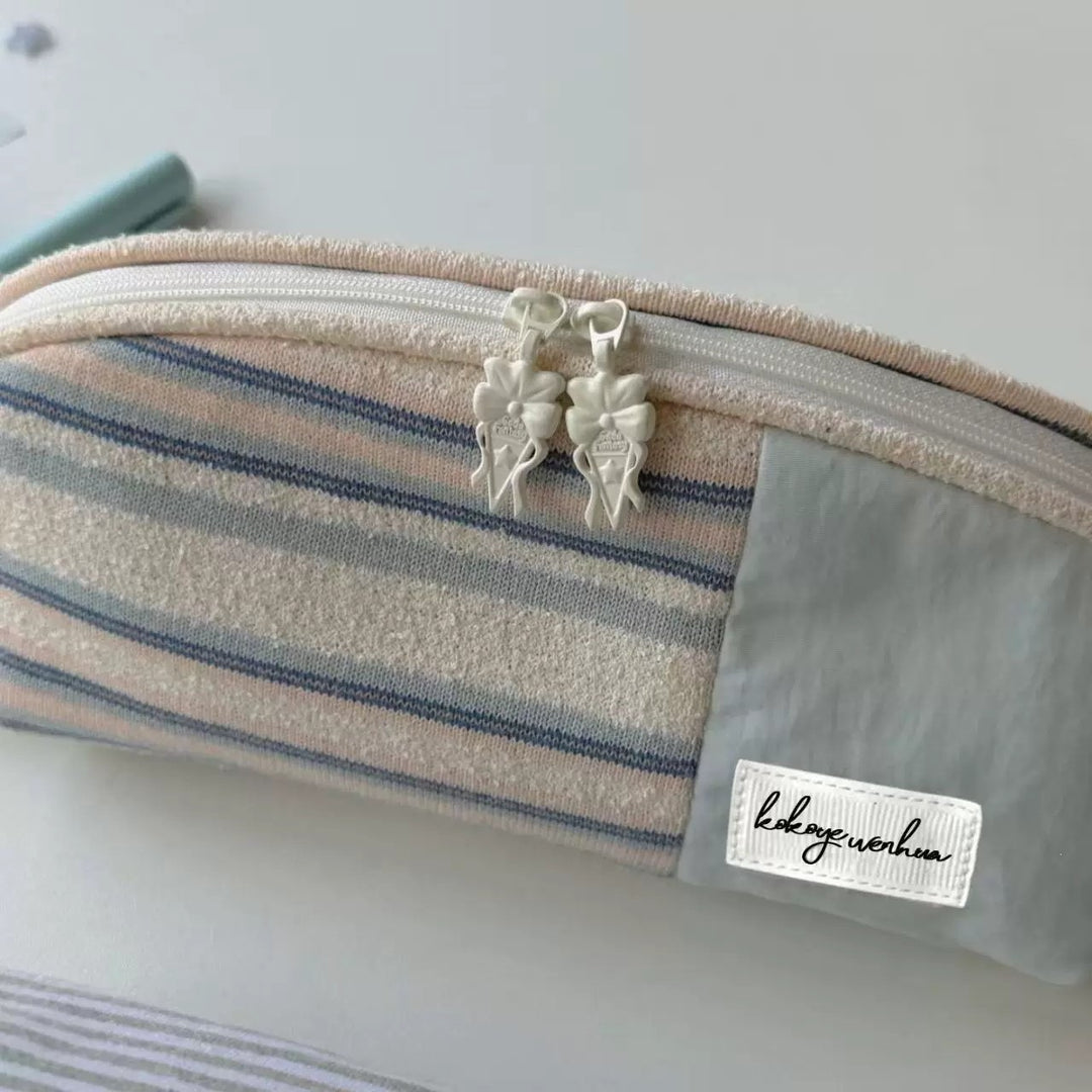 Striped Cotton Cosmetic and Pencil Pouch with Wrist Strap Bowlift