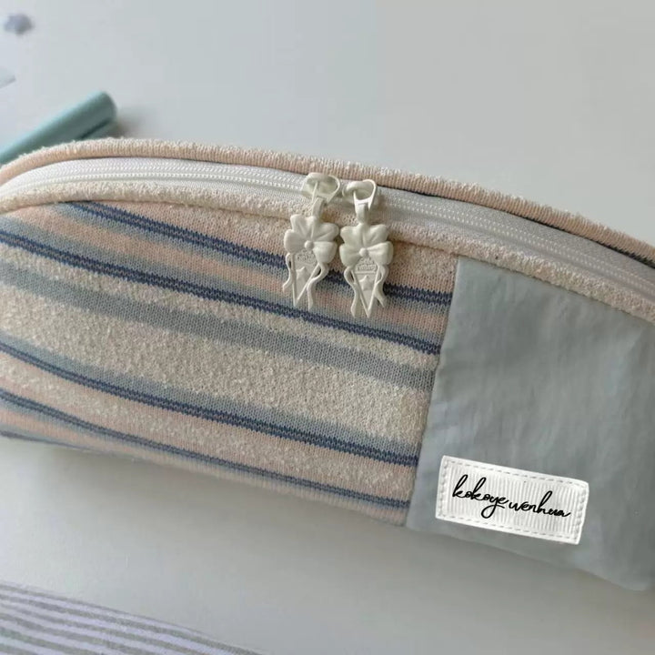 Striped Cotton Cosmetic and Pencil Pouch with Wrist Strap Bowlift