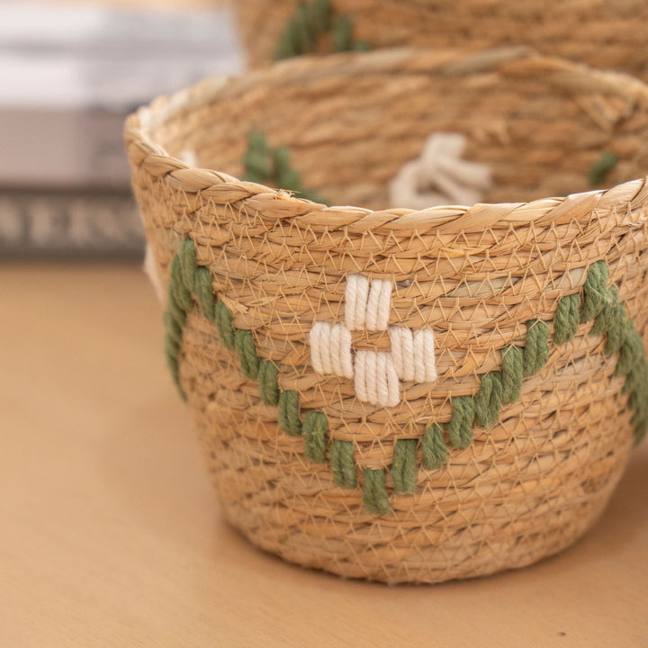 Handwoven storage basket with colorful accents Bowlift