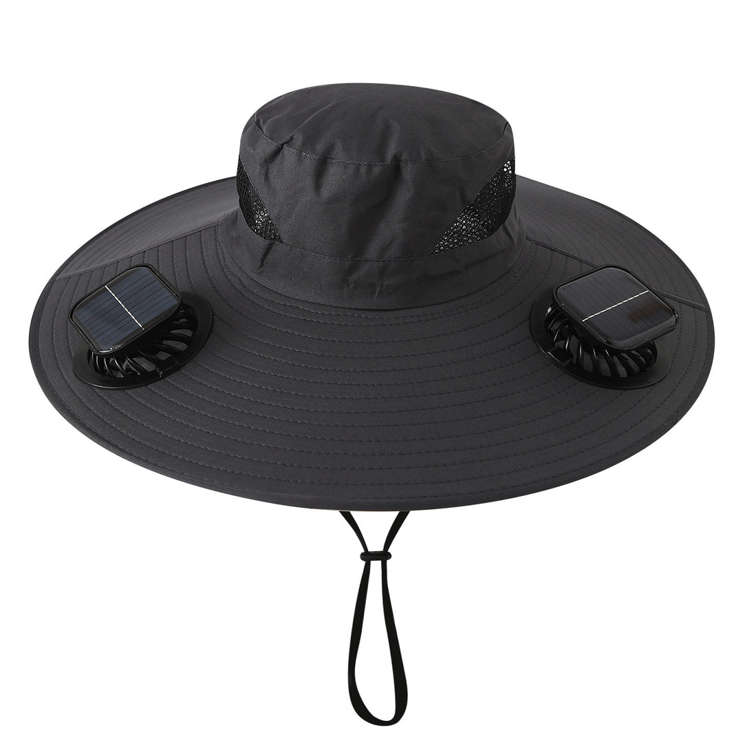 Wide sun hat with integrated solar fans breathable mesh adjustable chin strap Bowlift