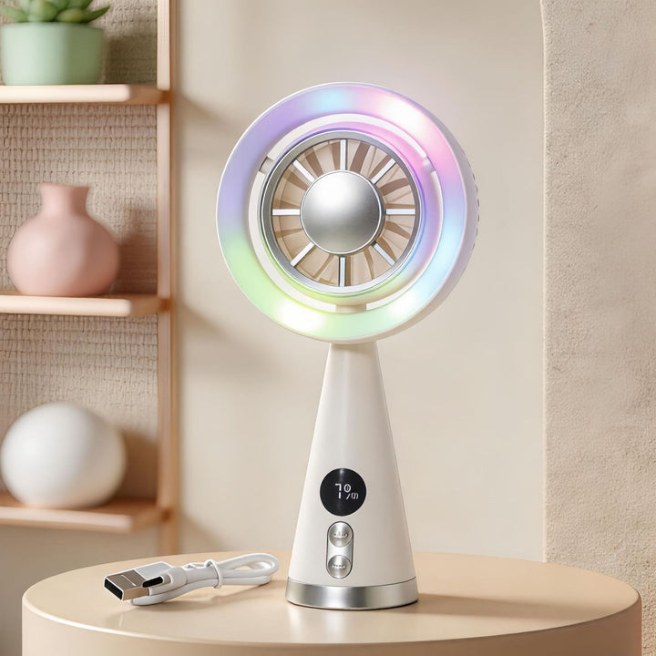 Women's Portable Mini Fan with LED Lighting and Digital Speed Display Bowlift