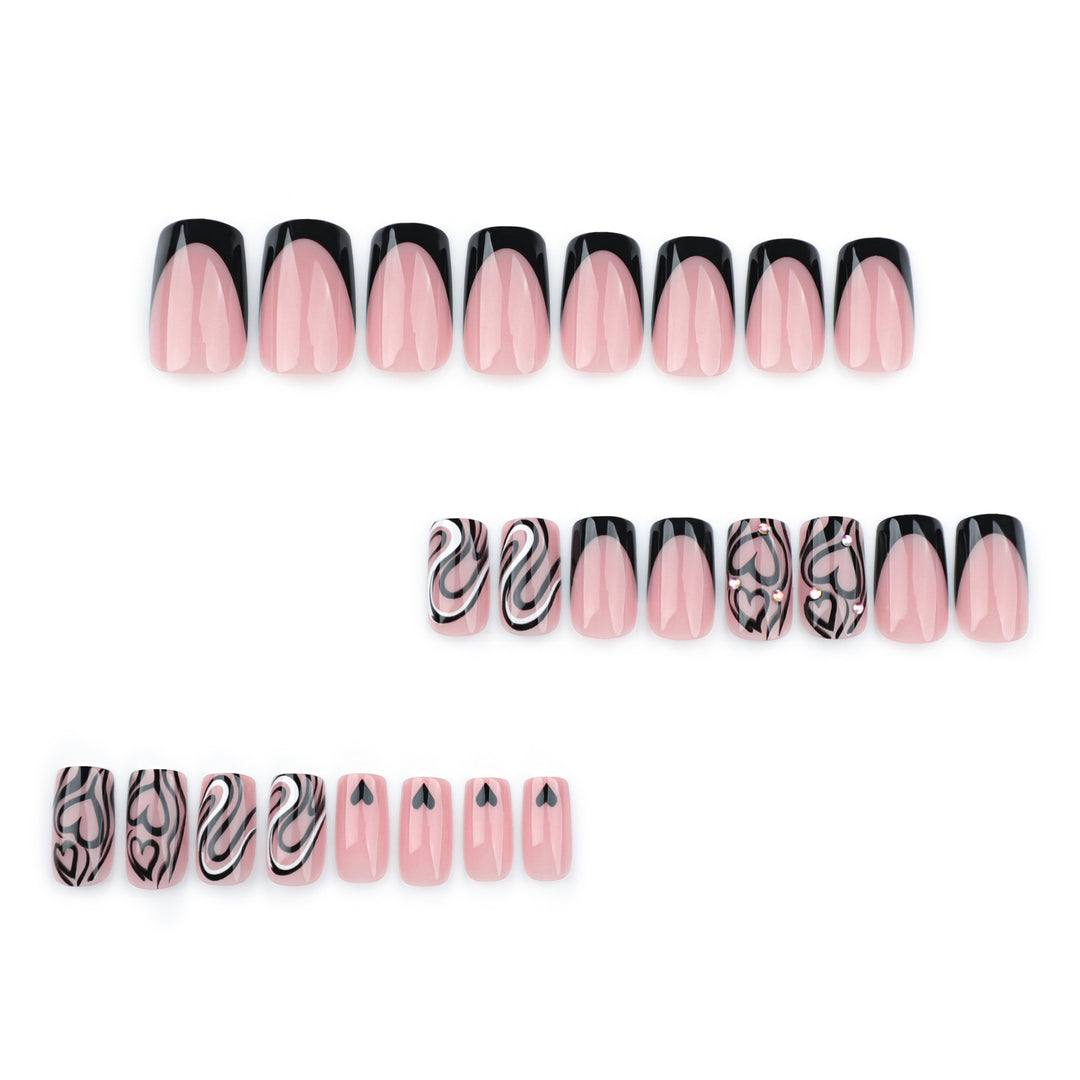 Artful Nail Extensions with Creative Heart and Wave Pattern Bowlift