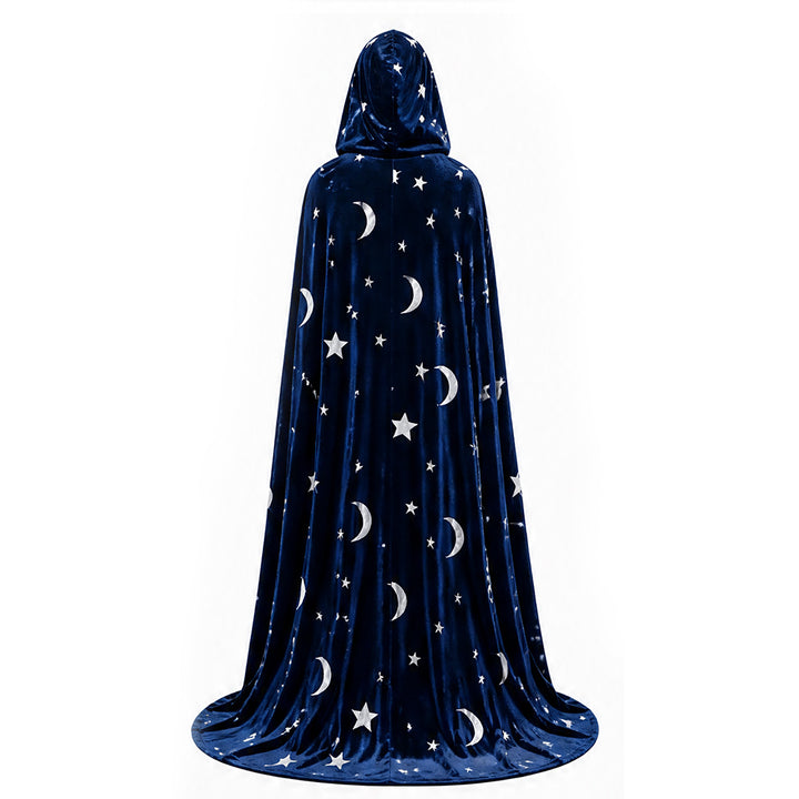 Floor-Length Velvet Hooded Cloak with Celestial Moon and Star Appliqué Bowlift