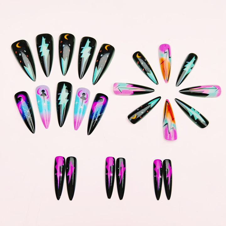 Creative artificial nails with neon light flash design Bowlift