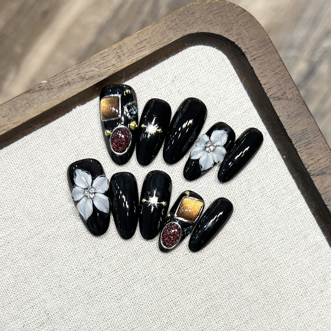 Decorative Press-On Nail Art Set with Floral and Crystal Accents Bowlift
