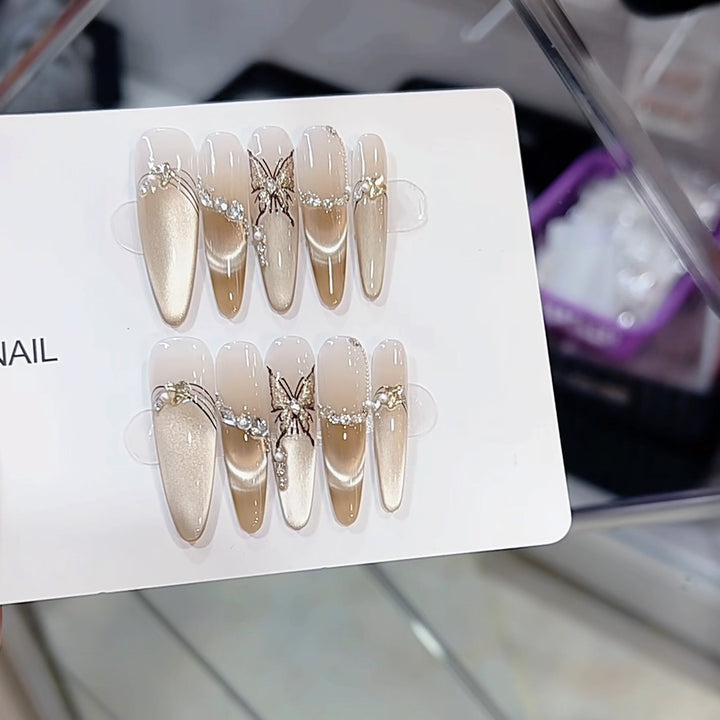 Artistic Butterfly and Pearl-Embellished Press-On Nail Set Bowlift