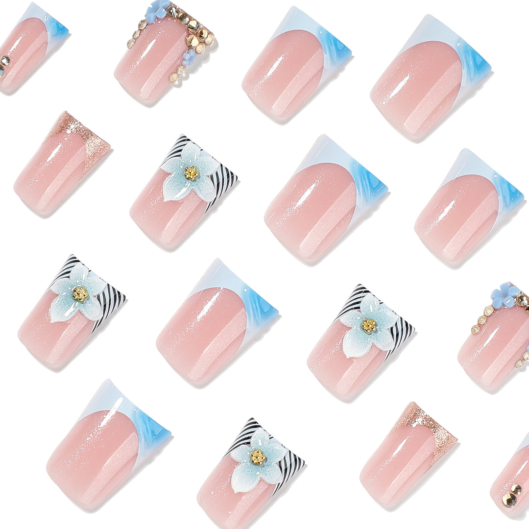 Artful Nail Extensions with Floral Design and Glitter Bowlift