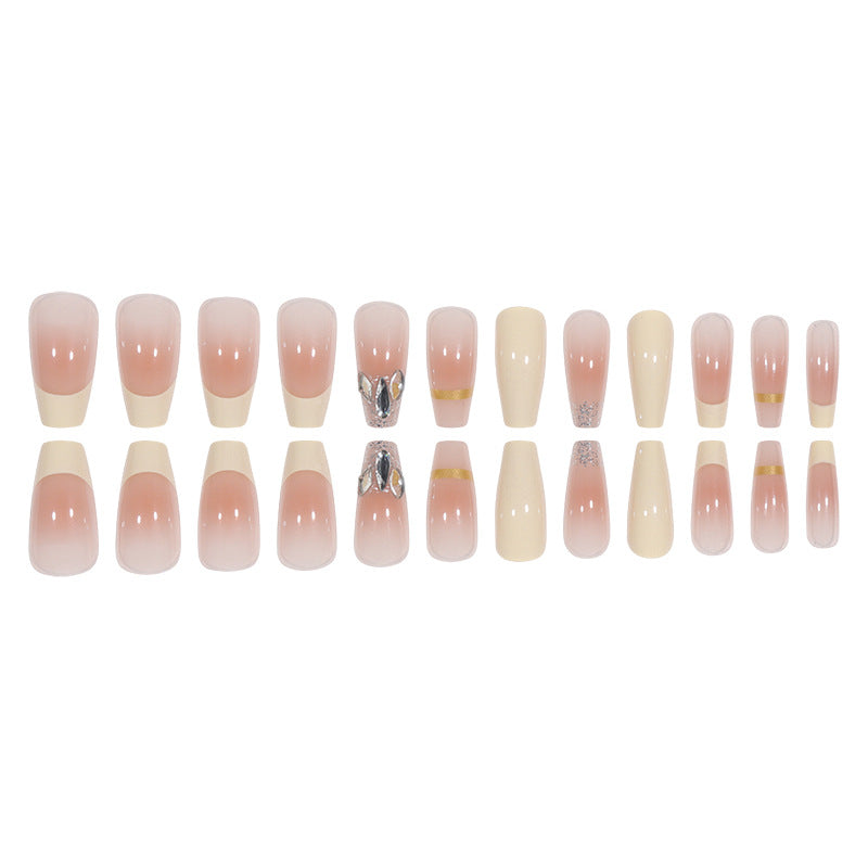 Elegant Long Press-On Nails with Rhinestone and Gold Accents Bowlift
