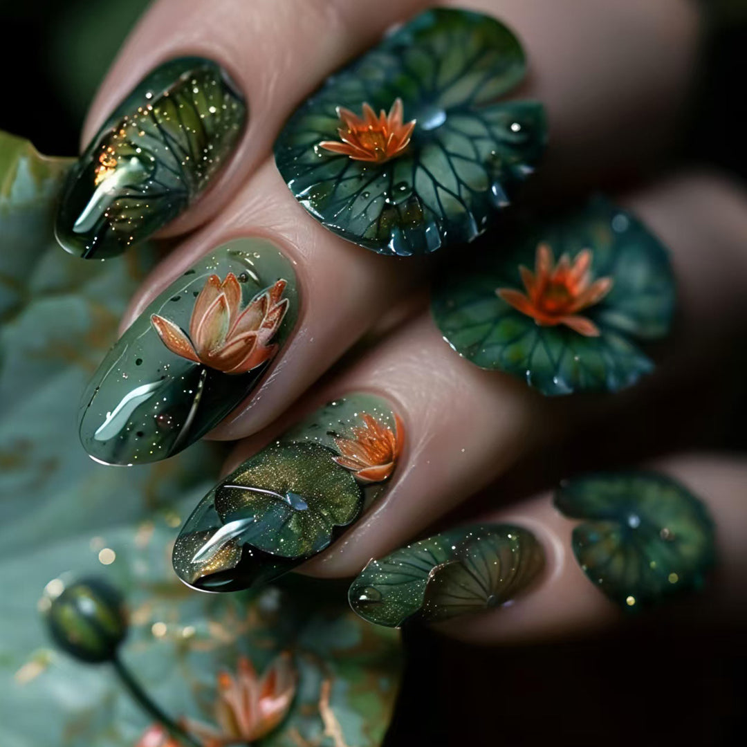 Artificial artificial nails with elegant water lily design Bowlift