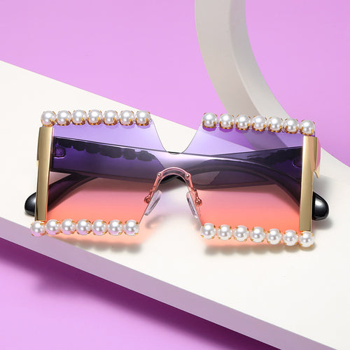 Ladies extravagant rectangular sunglasses with pearl decoration and UV protection Bowlift