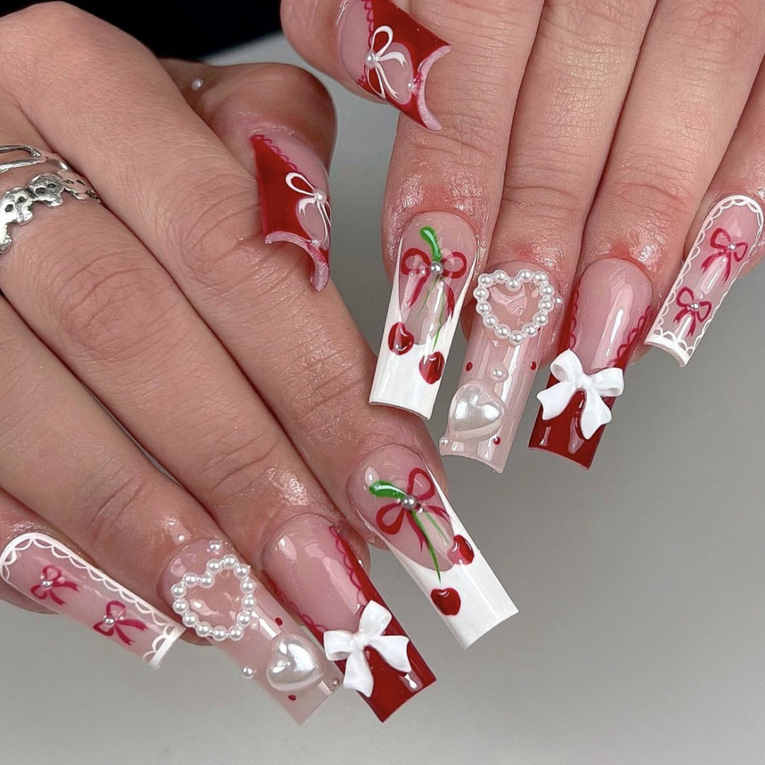 Festive Heart-Accent Acrylic Nail Art Extensions Bowlift