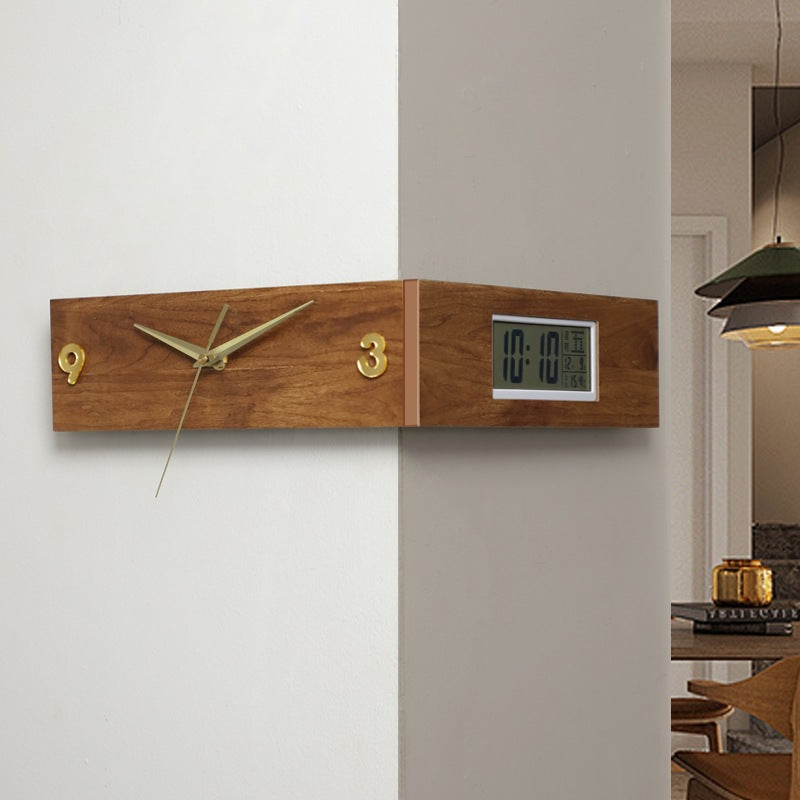 Corner-Mount Dual-Display Wooden Wall Clock with Analog Hands and LCD Panel Bowlift
