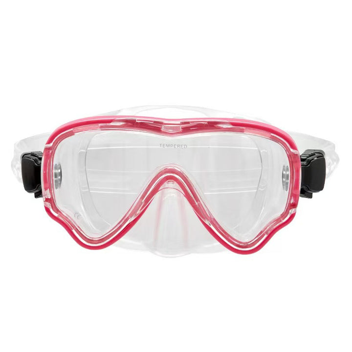 Diving mask with curved field of view and flexible silicone frame Bowlift