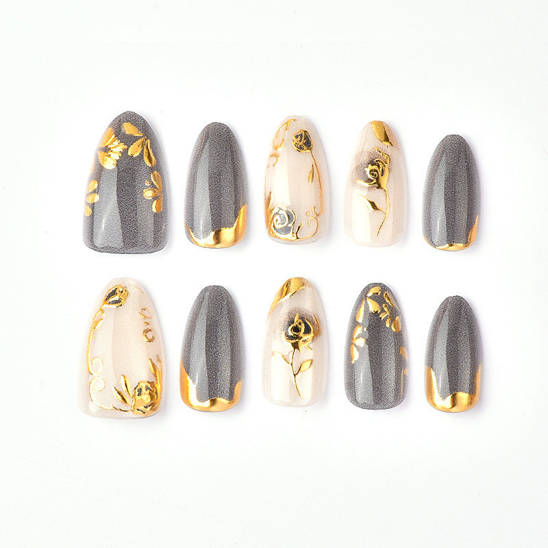Artificial Nail Set with Elegant Rose Design and Gold Accents Bowlift