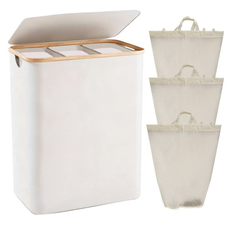 Laundry separation system with bamboo lid and multiple compartments Bowlift