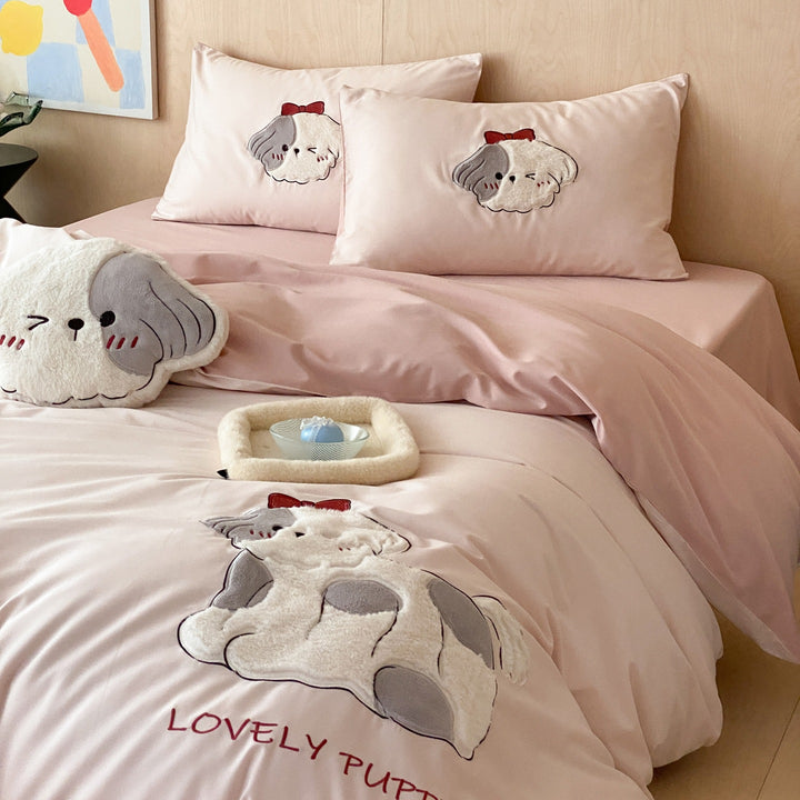 Embroidered Plush Puppy Duvet Cover Set
