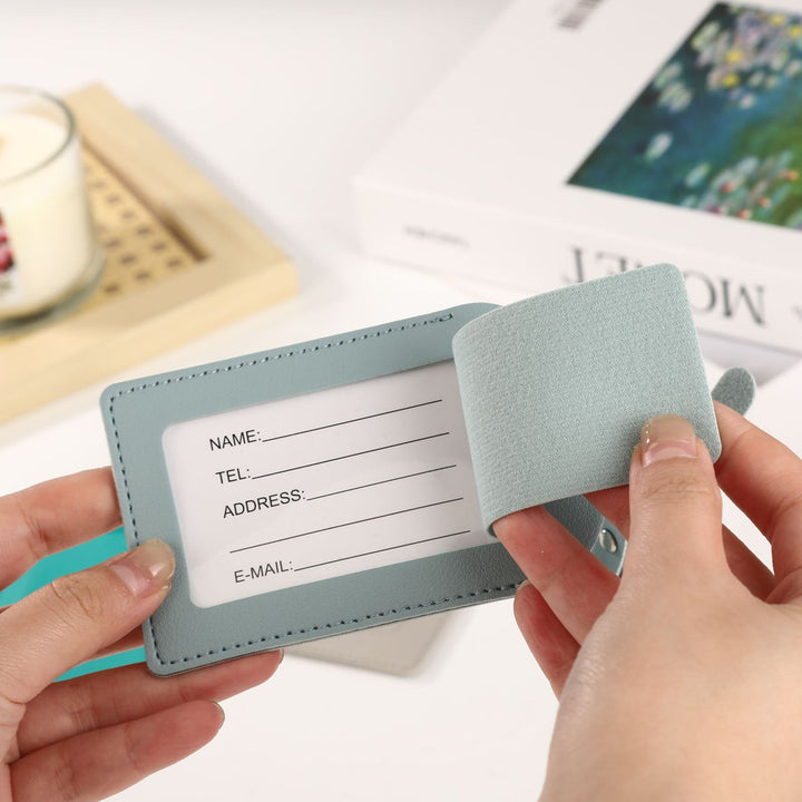 premium vegan leather luggage tag with adjustable buckle and clear ID window Bowlift