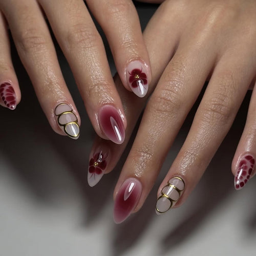 Elegant Nail Art with Floral Design and Glitter Accents Bowlift