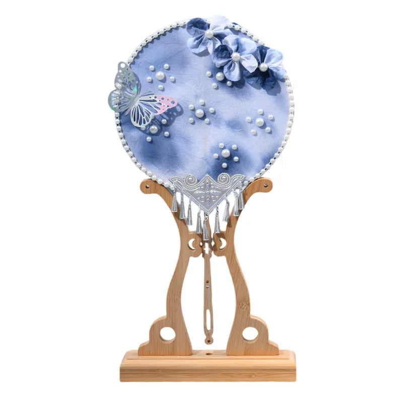 Women's one size handcrafted silk hand fan DIY jewelry set with bead accents, floral appliqués, delicate tassel fittings, and wood stand Bowlift