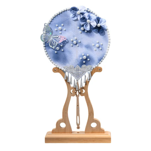 Women's one size handcrafted silk hand fan DIY jewelry set with bead accents, floral appliqués, delicate tassel fittings, and wood stand Bowlift