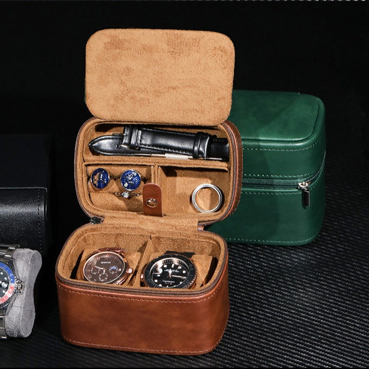 Compact Travel Leather Jewelry Organizer Box with Zippered Two-Tier Interior Bowlift