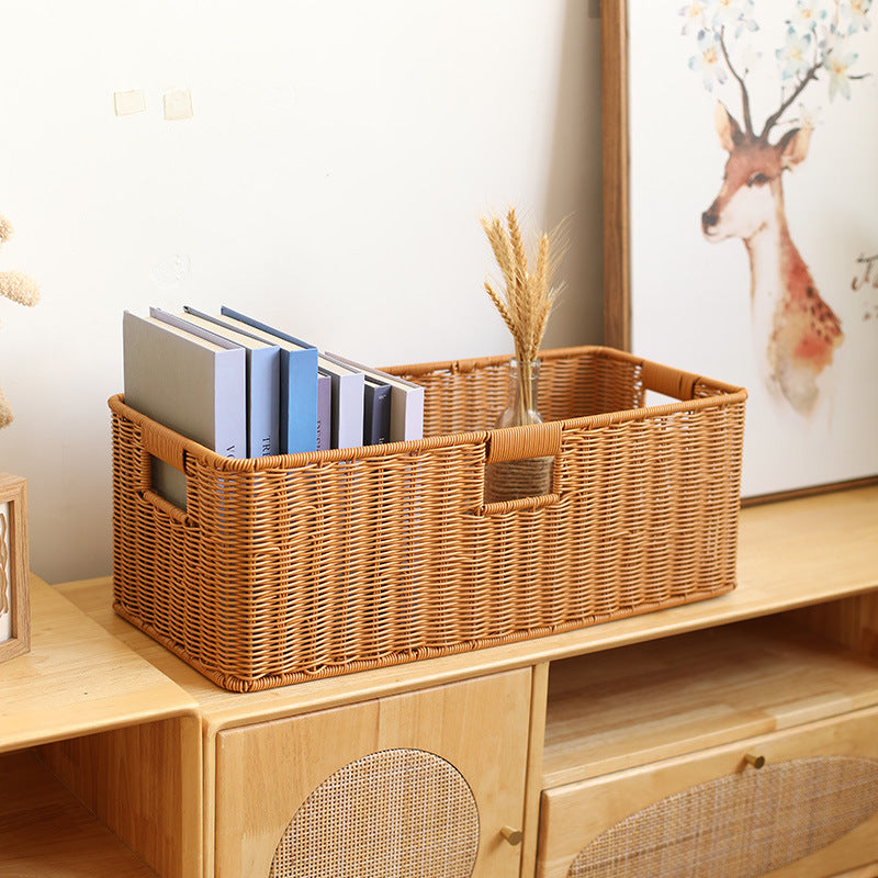 Handwoven Rectangular Storage Bin with Cutout Handles Bowlift