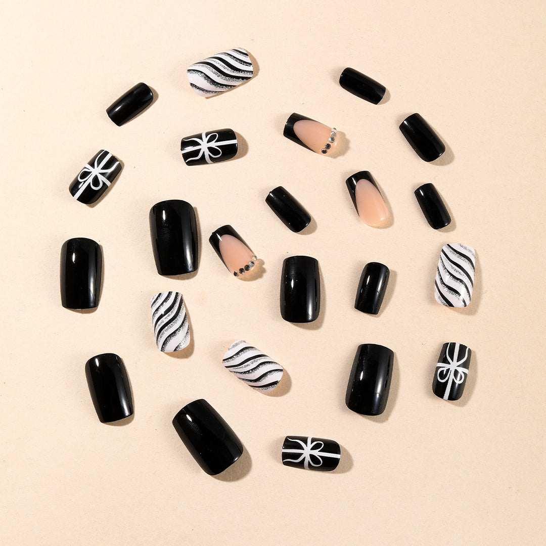 Elegant Black and White Artistic Nail Art Extensions Bowlift