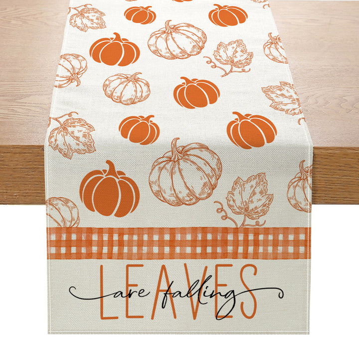Autumn Cotton-Linen Decorative Table Runner with Pumpkin & Gingham Border