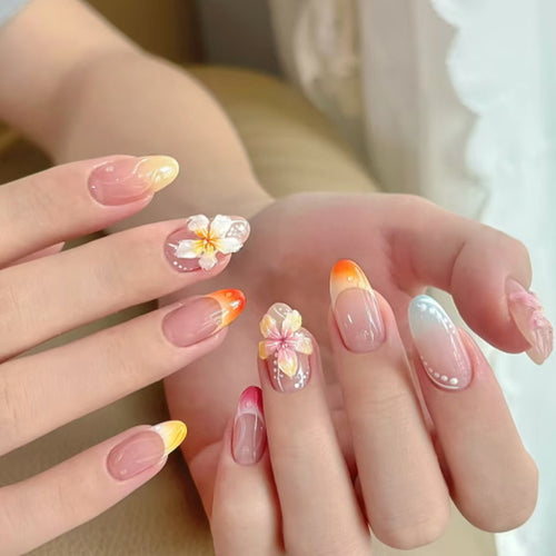 Artistic Press-On Nail Set with Floral and Ombré Designs Bowlift