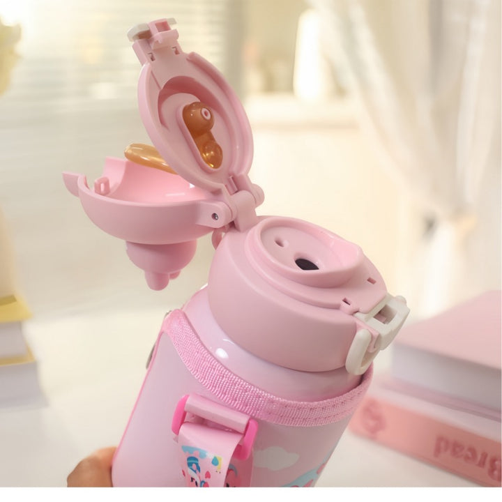 Insulated water bottle with integrated carrying strap and cute cat design Bowlift