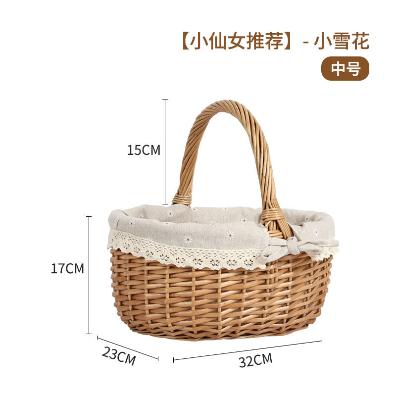 Women's braided basket with checkered fabric insert and decorative lace embellishment Bowlift