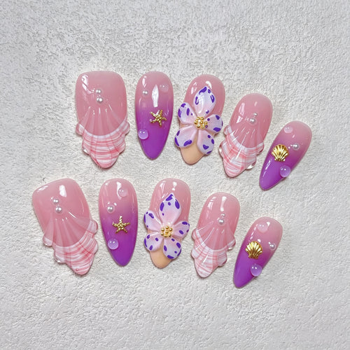 Decorative Press-On Nail Art Set with Floral and Ocean Themes Bowlift