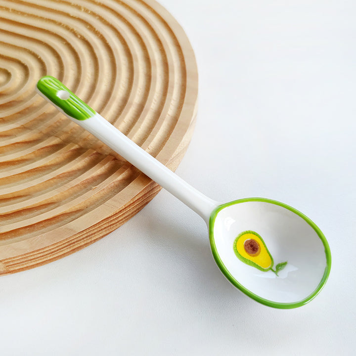 Ceramic soup spoon with lucky cat illustration and ergonomic long-handle Bowlift