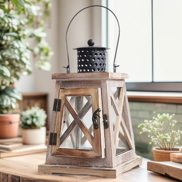 Vintage Farmhouse Glass-Panel Tapered Wooden Lantern with Perforated Metal Chimney Bowlift