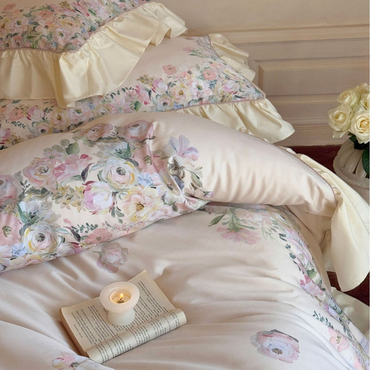 Luxurious bedding set with ruffles and watercolor floral pattern