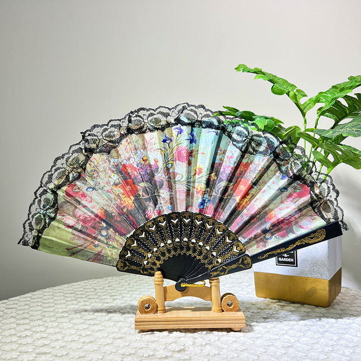 Ladies Elegant Hand Fan with Floral Design and Lace Edges Bowlift