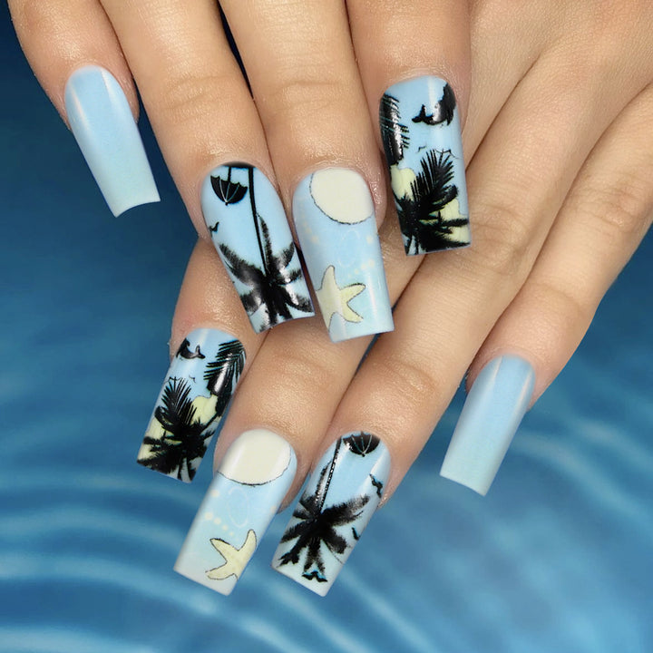 Tropical Beach-Themed Press-On Nail Art Bowlift