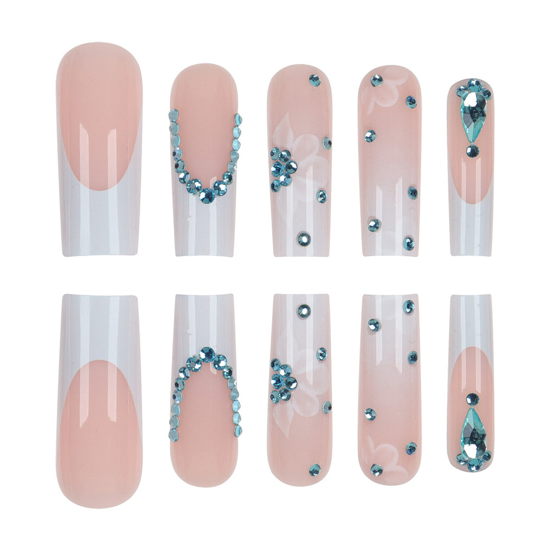 Floral-Designed Press-On Nail Set with Decorative Gem Accents Bowlift