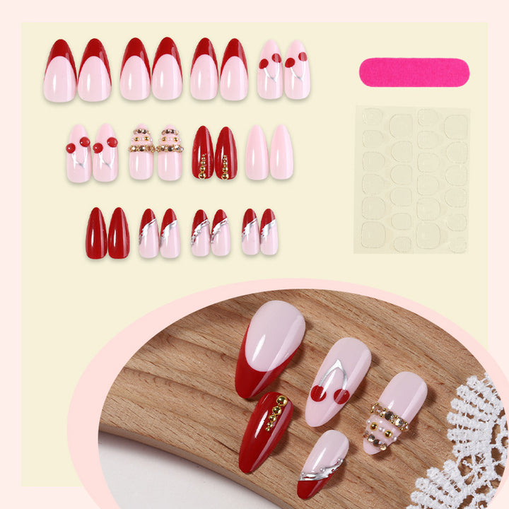 Decorative Art Press-On Nail Set with Cherry and Gold Accents Bowlift