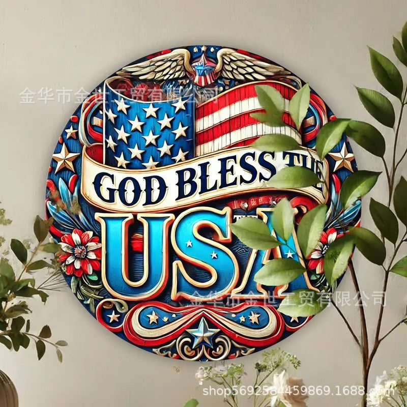 Independence Day rustic round wooden patriotic cross wall plaque with floral accents and God Bless America banner Bowlift