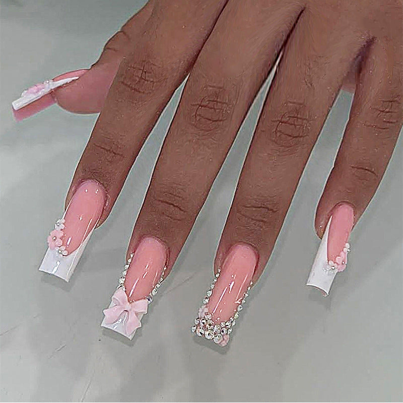Decorative Press-On Nail Set with Elegant Floral and Gem Accents Bowlift