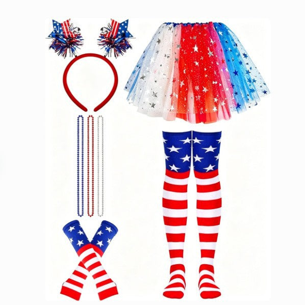 Women's patriotic carnival costume set with layered tulle skirt elastic waistband bow hairband thigh-high stockings and arm warmers Bowlift