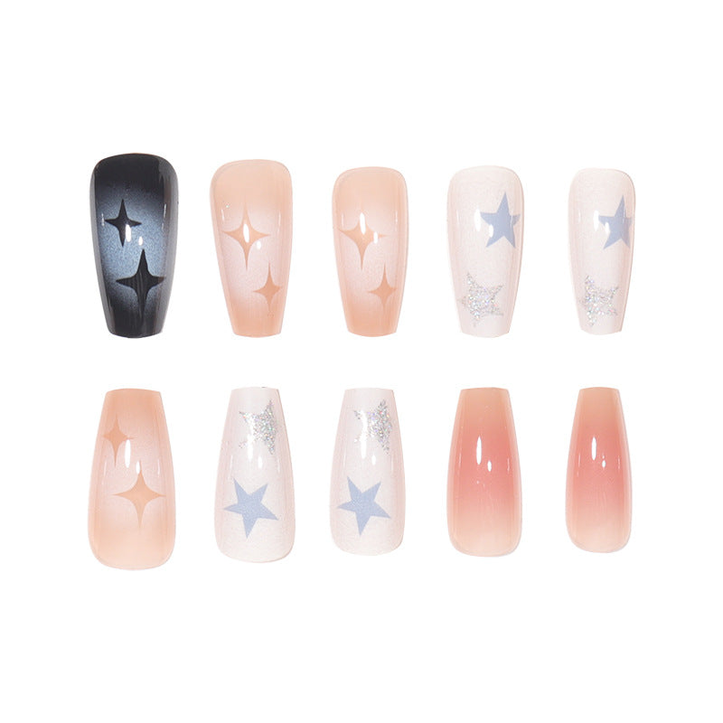 Artistic Press-On Nail Set with Star and Glitter Accents Bowlift