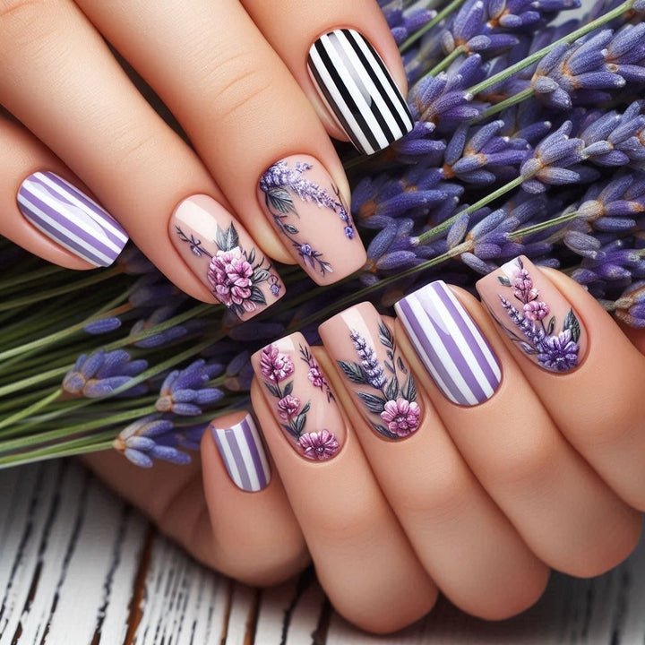 Artificial nails with floral and striped designs Bowlift