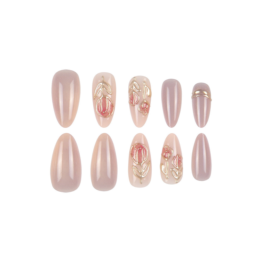 Elegant Stiletto Press-On Nail Set with Artistic Floral Design Bowlift